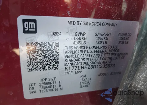 2024 Chevrolet Trax Fwd Lt из США, поврежденный, VIN KL77LHE28RC235673